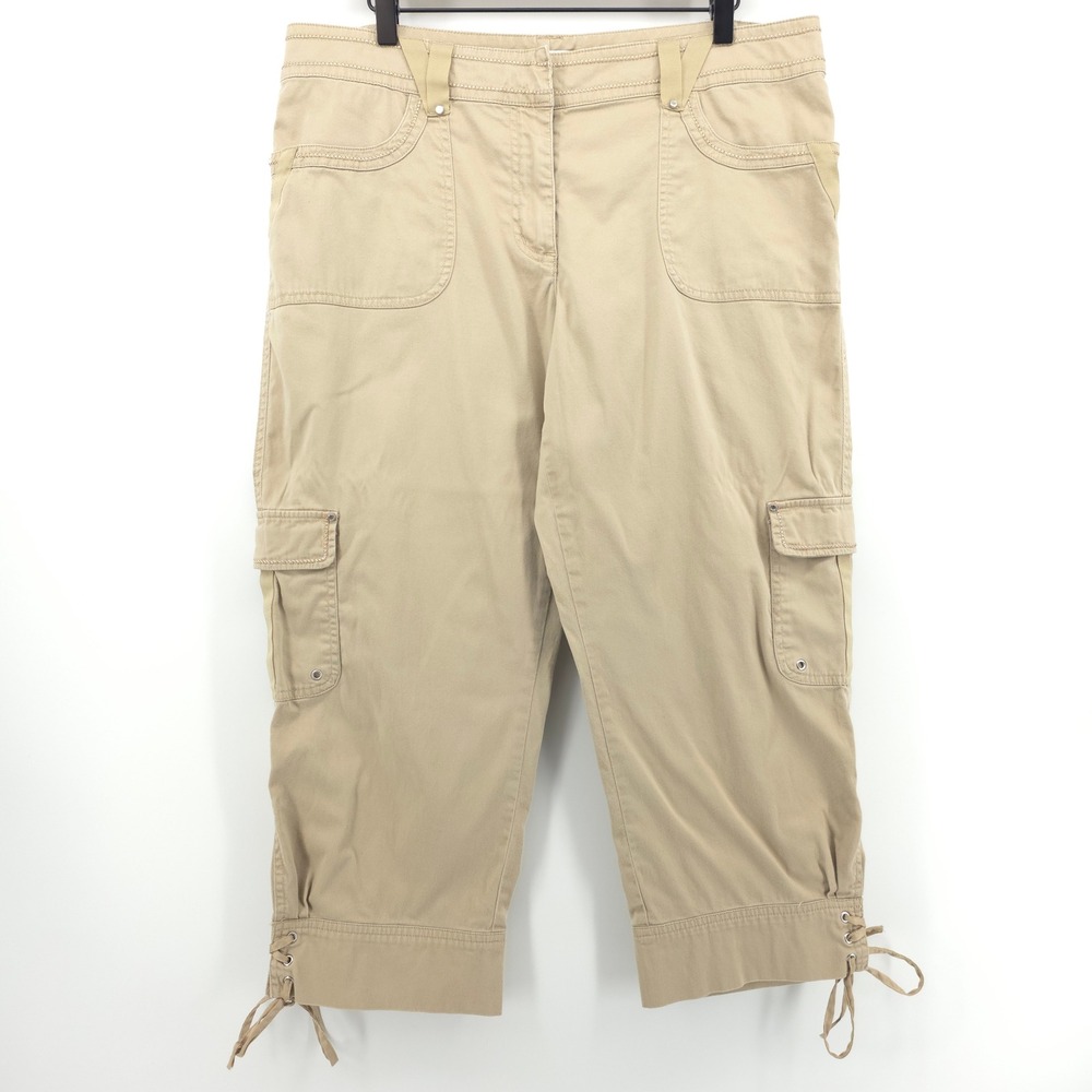 White House Black Market Women Cargo Capri Pants 14 Khaki Tan Lace Up Utility